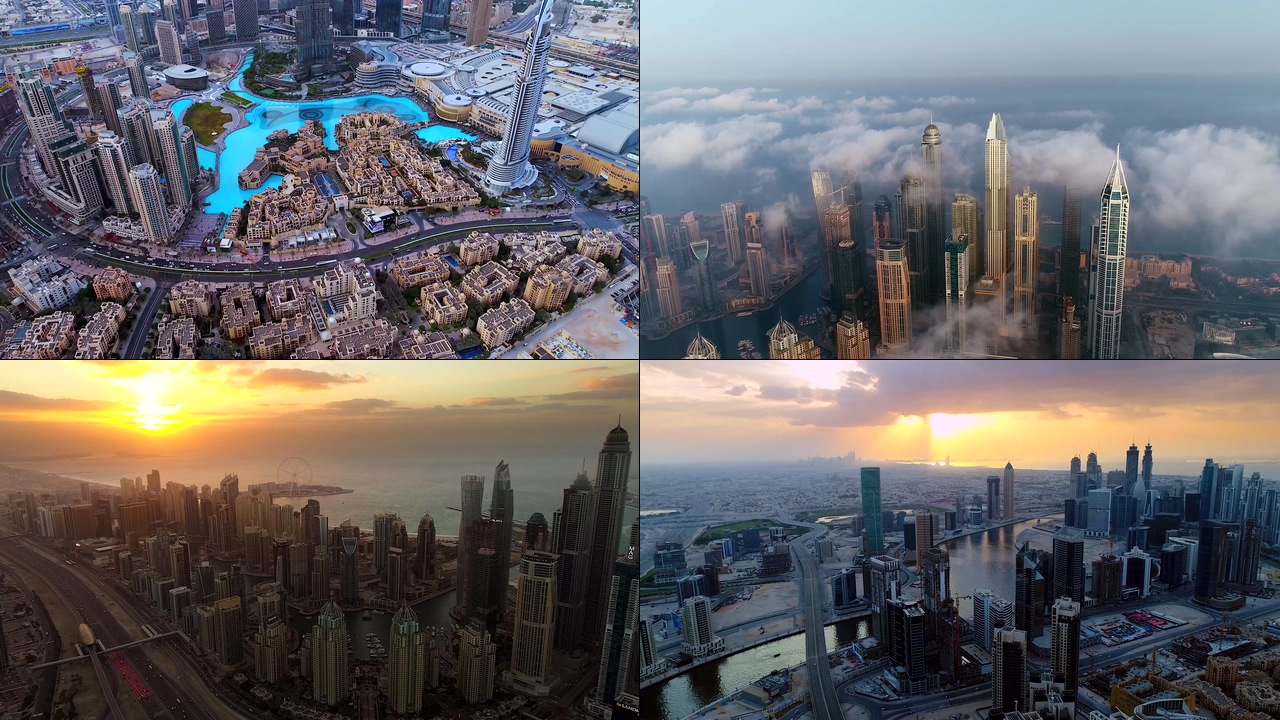 4K航拍迪拜市中心高楼大厦