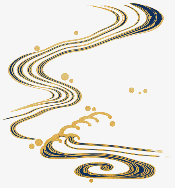 透明中式金色描边蓝色海浪PNG图片