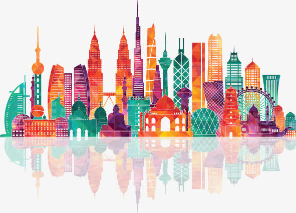 透明彩色城市建筑背景广告PNG图片