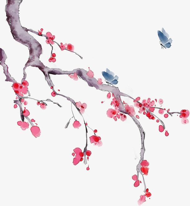 透明桃花梅花和蝴蝶PNG图片