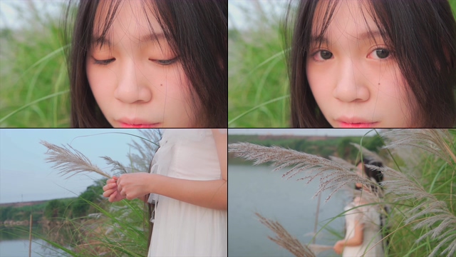 4K湖边芦苇丛中的小清新可爱美女视频素材