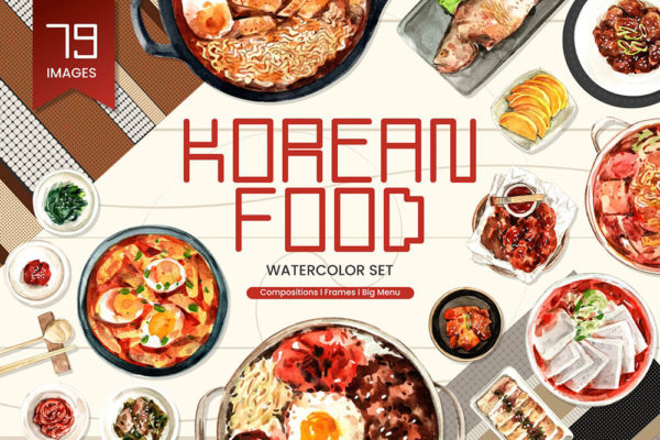 精品韩国食品食谱水彩插画psd,png,jpg源文件,编号:82629002