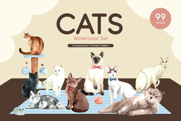 精品可爱的猫咪宠物水彩插画png,jpg,psd源文件,编号:82639206