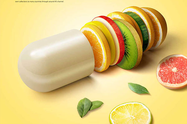 精品切片营养水果药丸健康概念海报设计psd源文件,编号:82620535