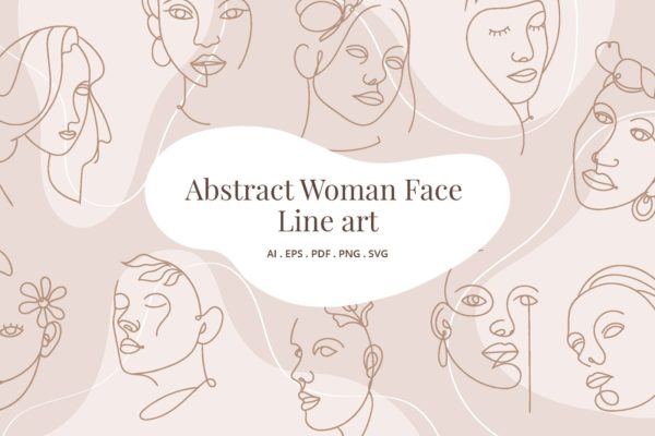 精品高端时尚抽象艺术风格女人脸部条线矢量插画集合-AI，EPS，PDF，PNG，SVG源文件,编号:82620291