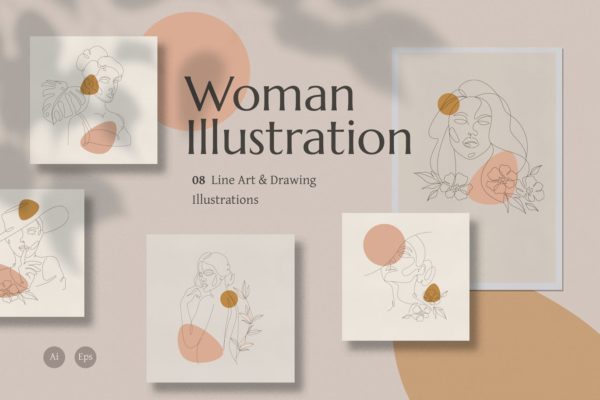 精品时尚高端抽象艺术风格矢量条线女人插画海报设计模板集合-AI，EPS源文件,编号:82625634