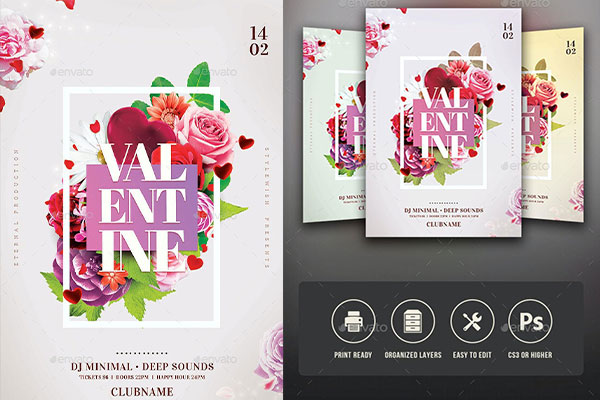 精品玫瑰花卉情人节活动邀请海报传单设计模板源文件,编号:82635771