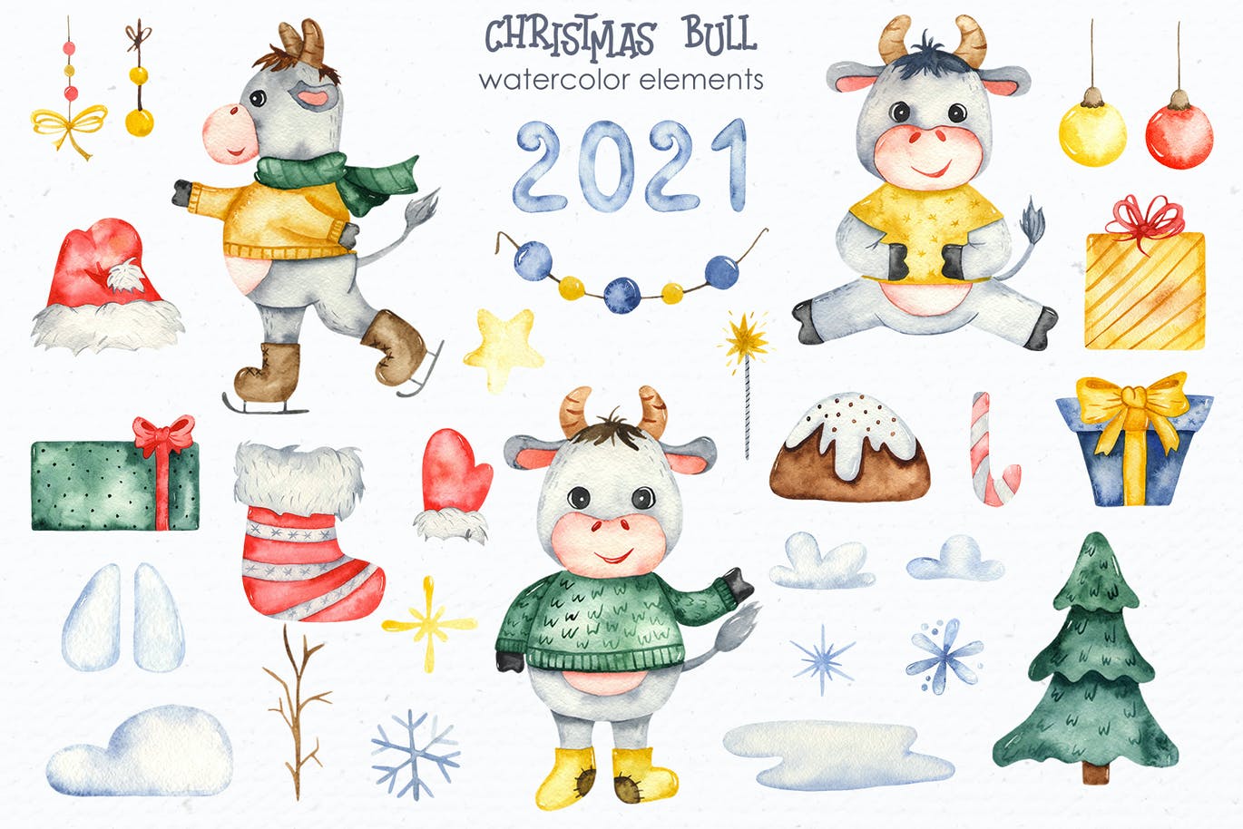 精品手绘水彩风格的新年圣诞节元素插画大集合-JPG，PNG，PSD源文件,编号:82625269
