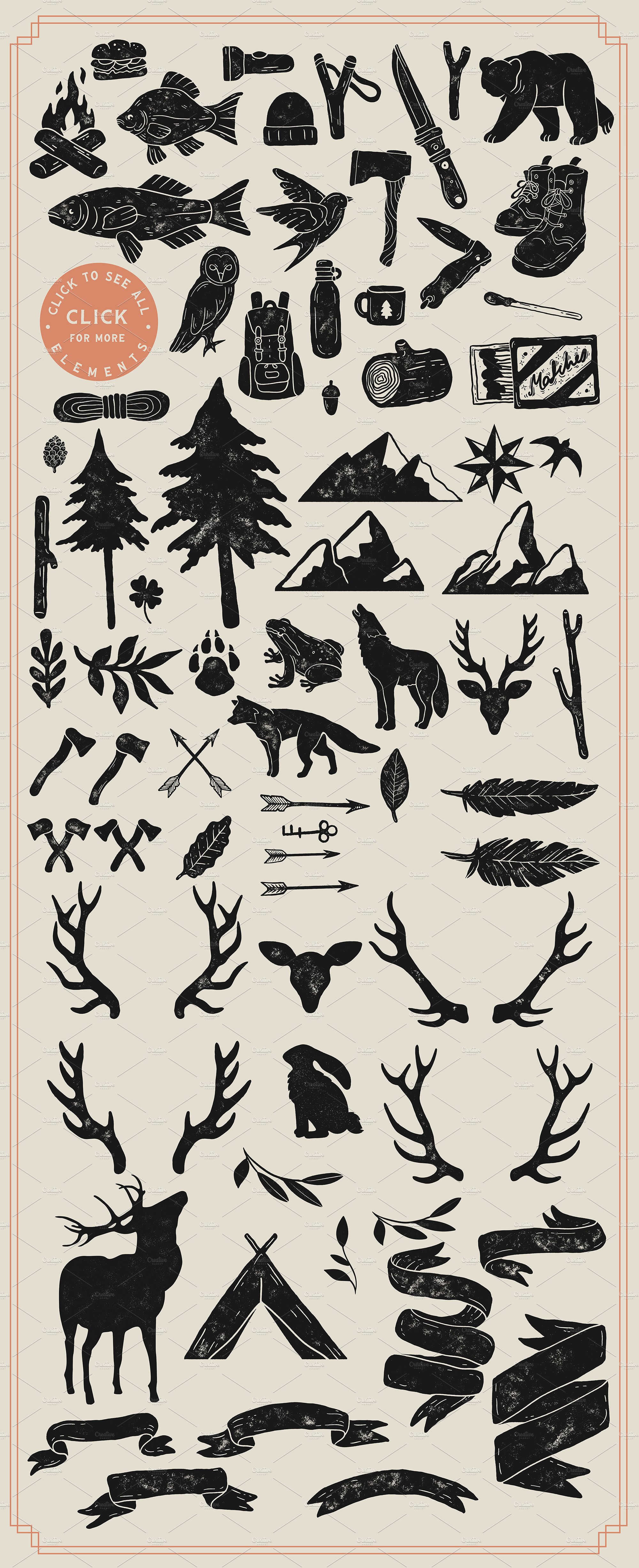 精品手工绘制的复古乡村动物&探险狩猎元素插画包源文件,编号:82620858