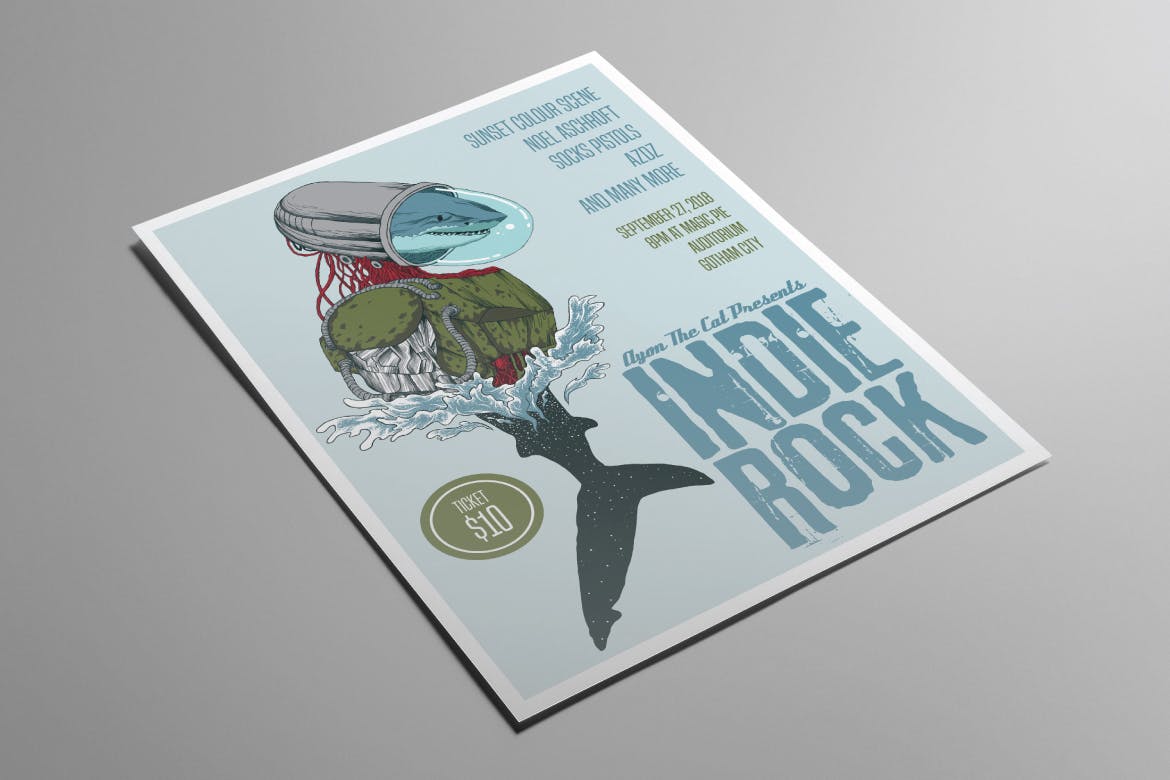 精品高端个性的鲨鱼独立摇滚传单海报设计模板-AI，PSD源文件,编号:82628430