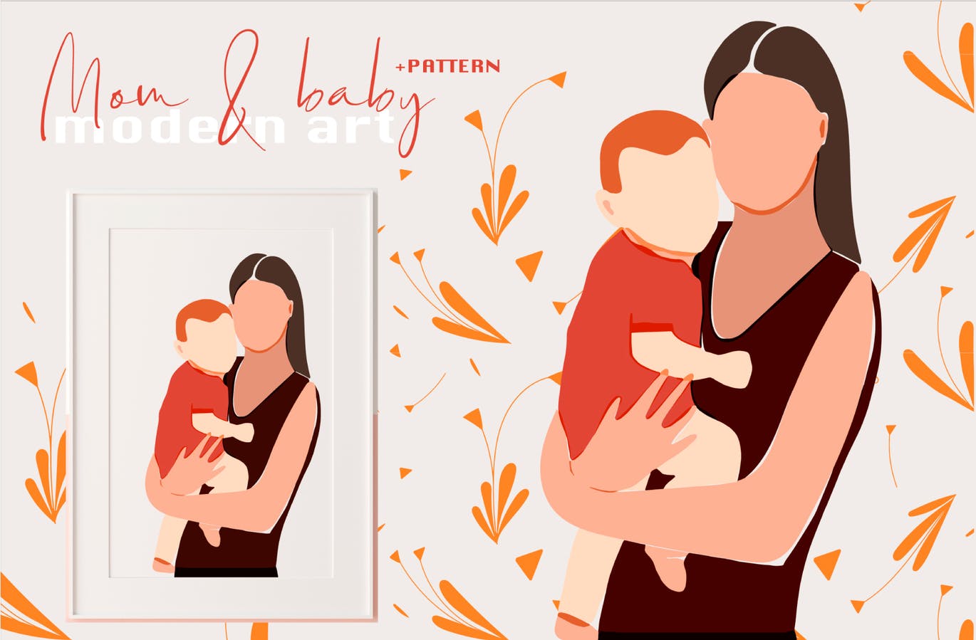 精品“妈妈和宝宝”现代艺术矢量插画+无缝背景底纹纹理集合源文件,编号:82621998