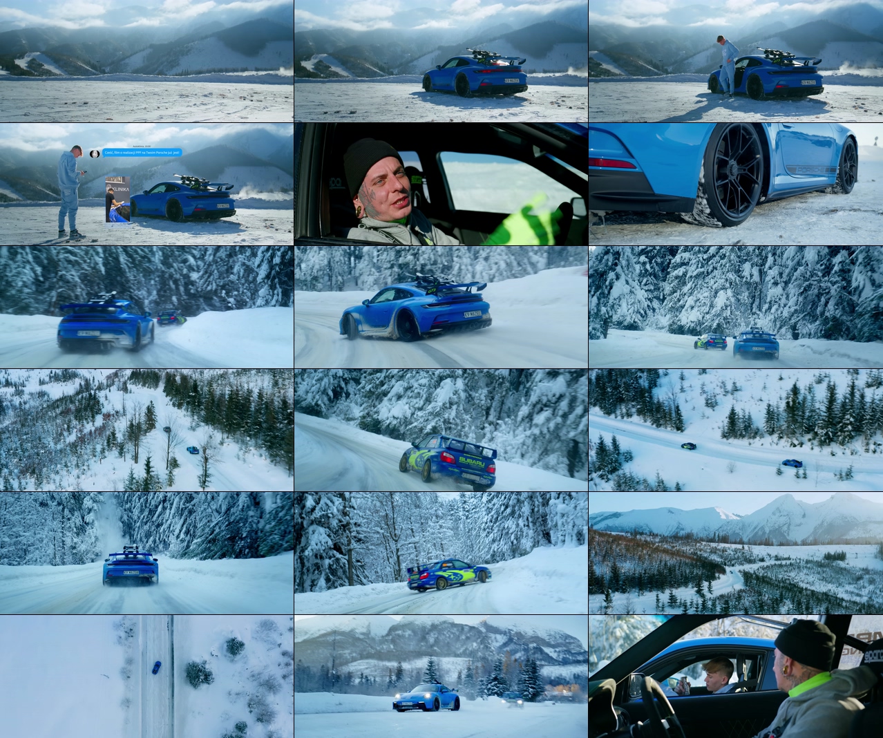 保时捷视频素材和斯巴鲁在雪景上追逐惊险刺激